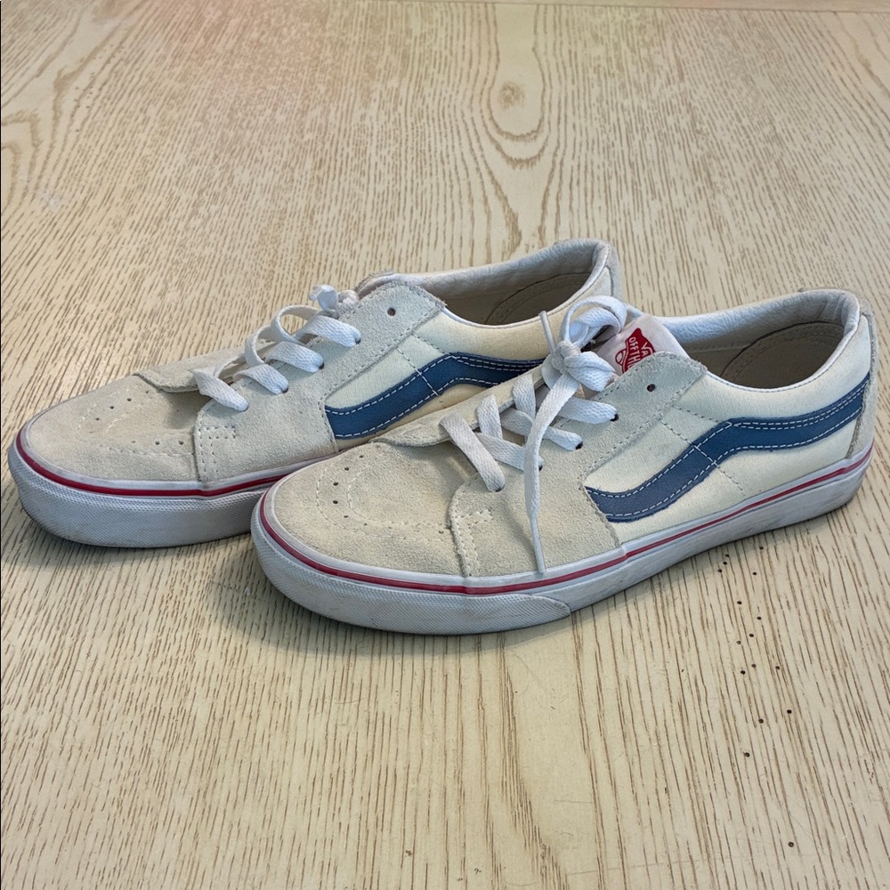 Women’s Vans Sk8 Low Off The Wall Sneaker Shoes (Cream Tan/Blue/Red)